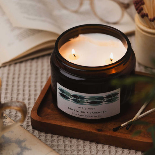 every nook Rosewood + Lavender scented double wick candle