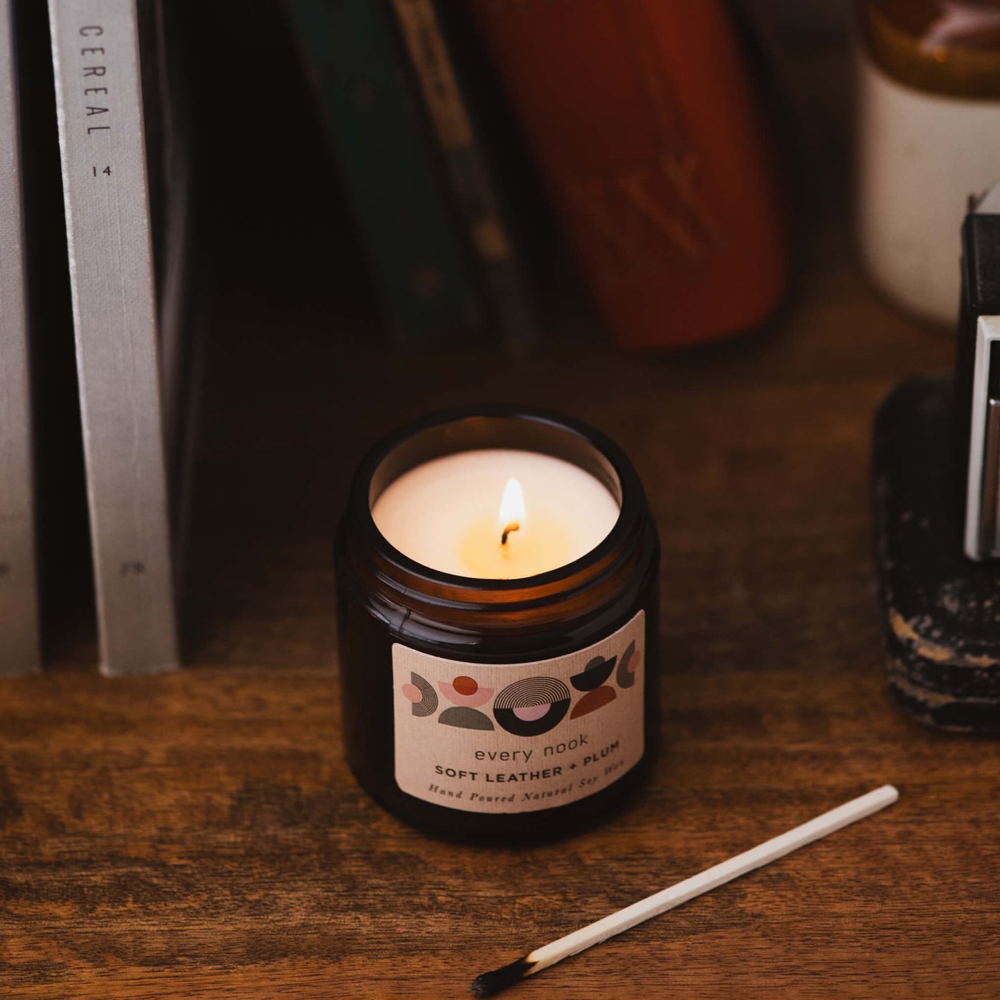 Soft Leather + Plum small scented candle