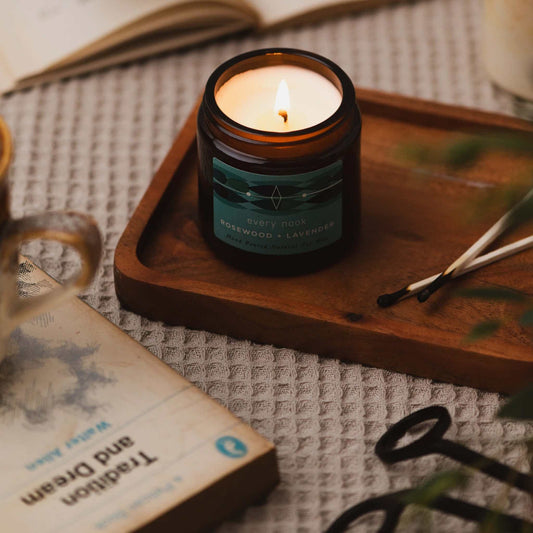 every nook Rosewood + Lavender small scented soy wax candle