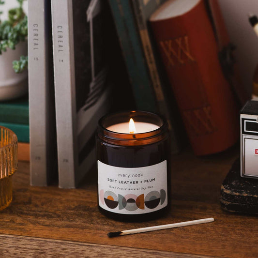 Leather scented candle - Soft Leather + Plum soy wax candle by every nook