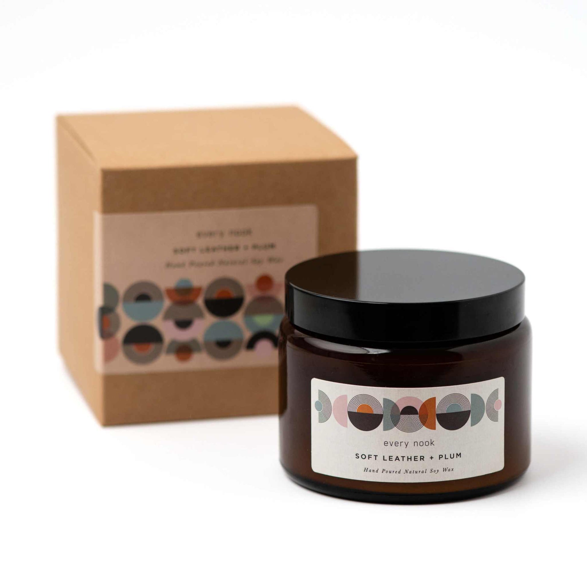 Double wick candle by every nook. Soft Leather + Plum scented soy wax candle