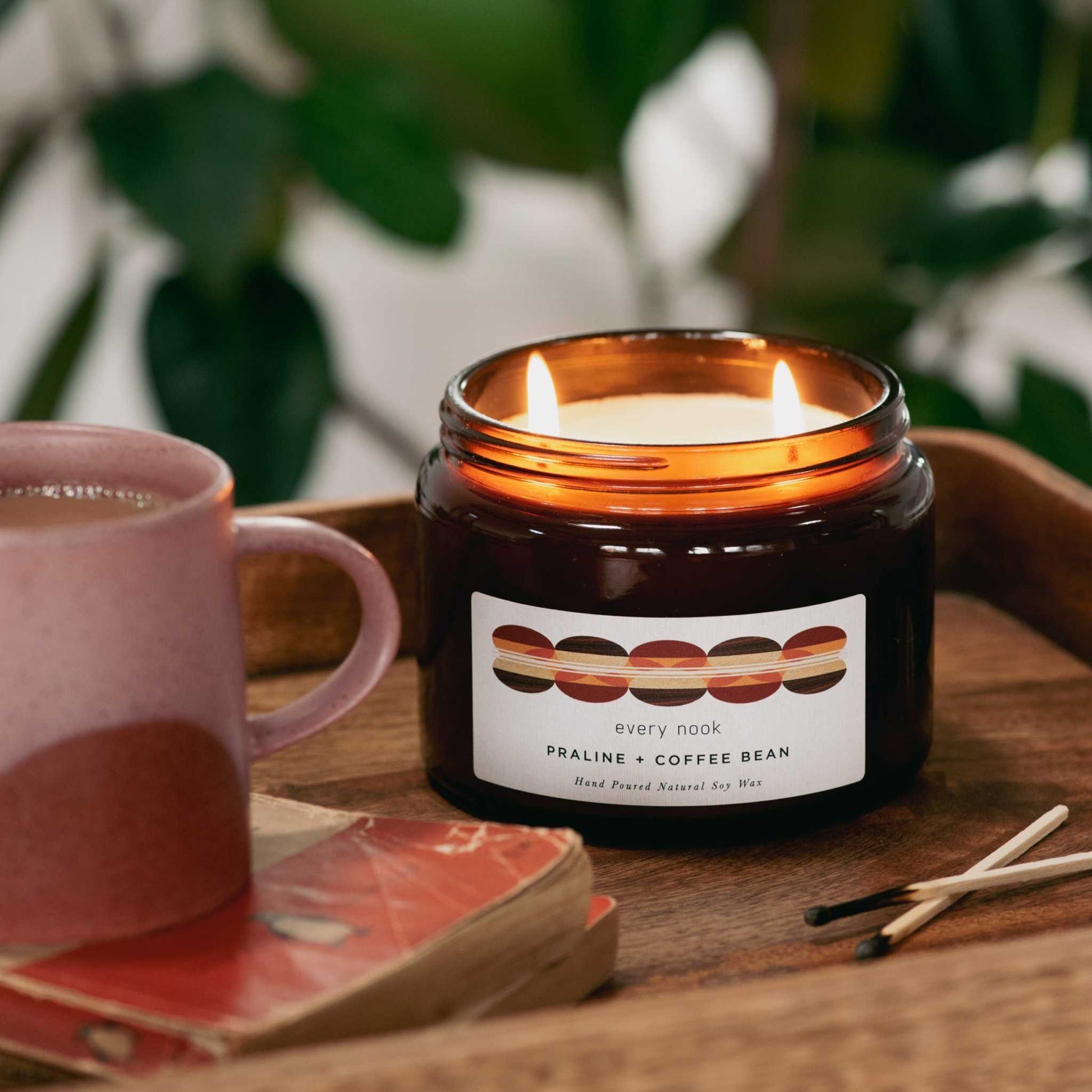 every nook Praline + Coffee Bean scented double wick candle