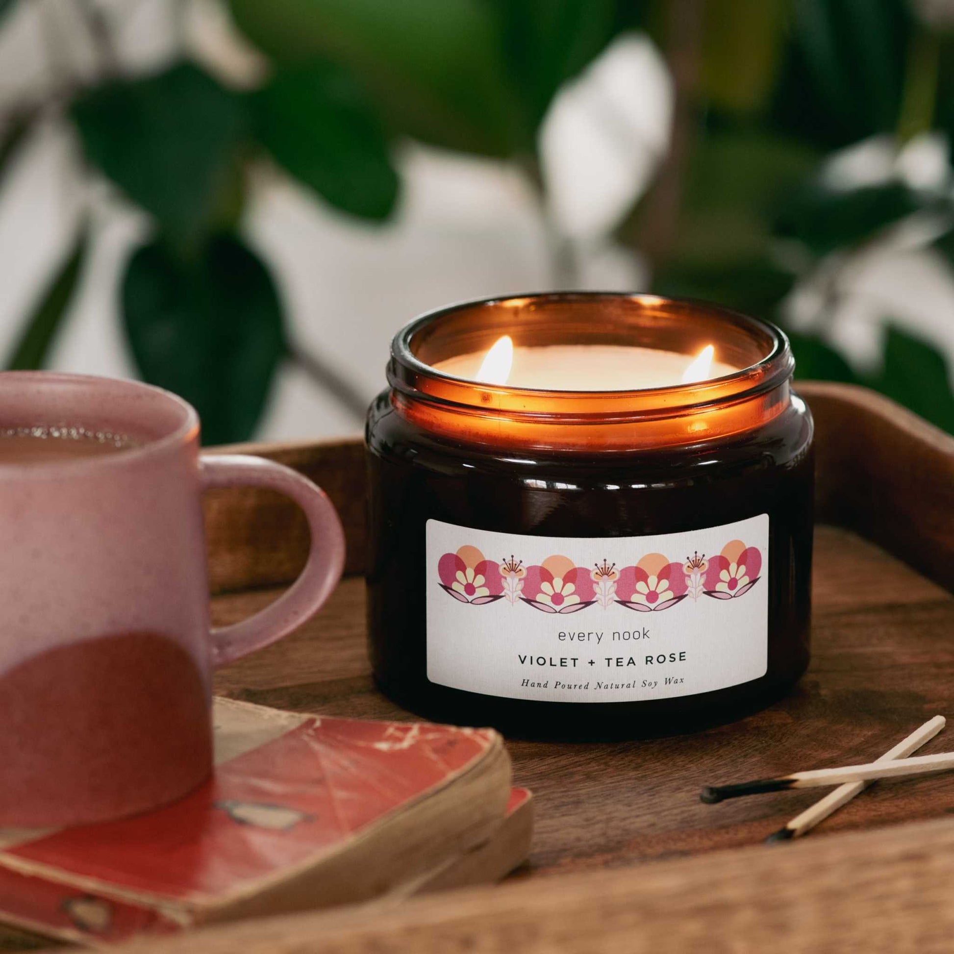 every nook Violet + Tea Rose scented double candle