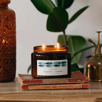 every nook Rosewood + Lavender scented double wick candle