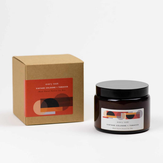 every nook Vintage Cologne + Tobacco scented double wick candle