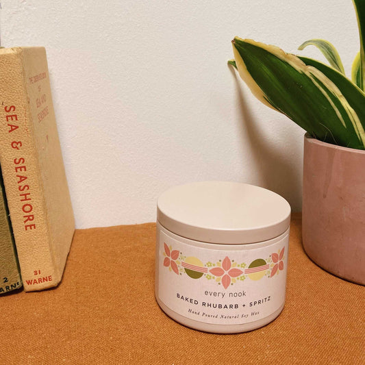 Baked Rhubarb + Spritz scented tin candle