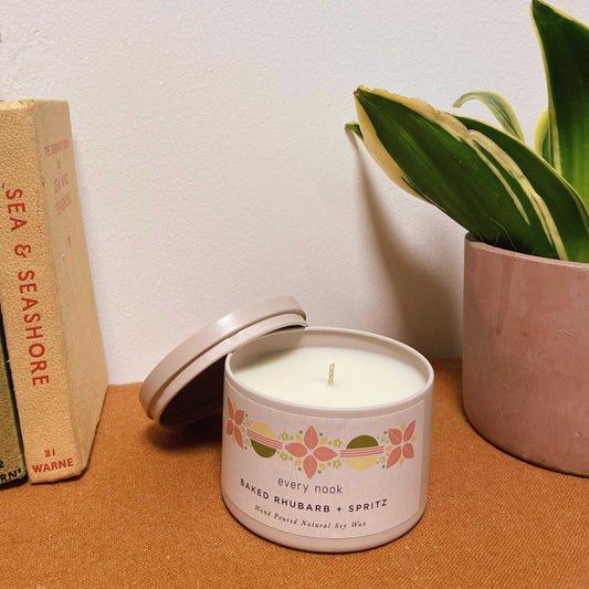Baked Rhubarb + Spritz scented tin candle