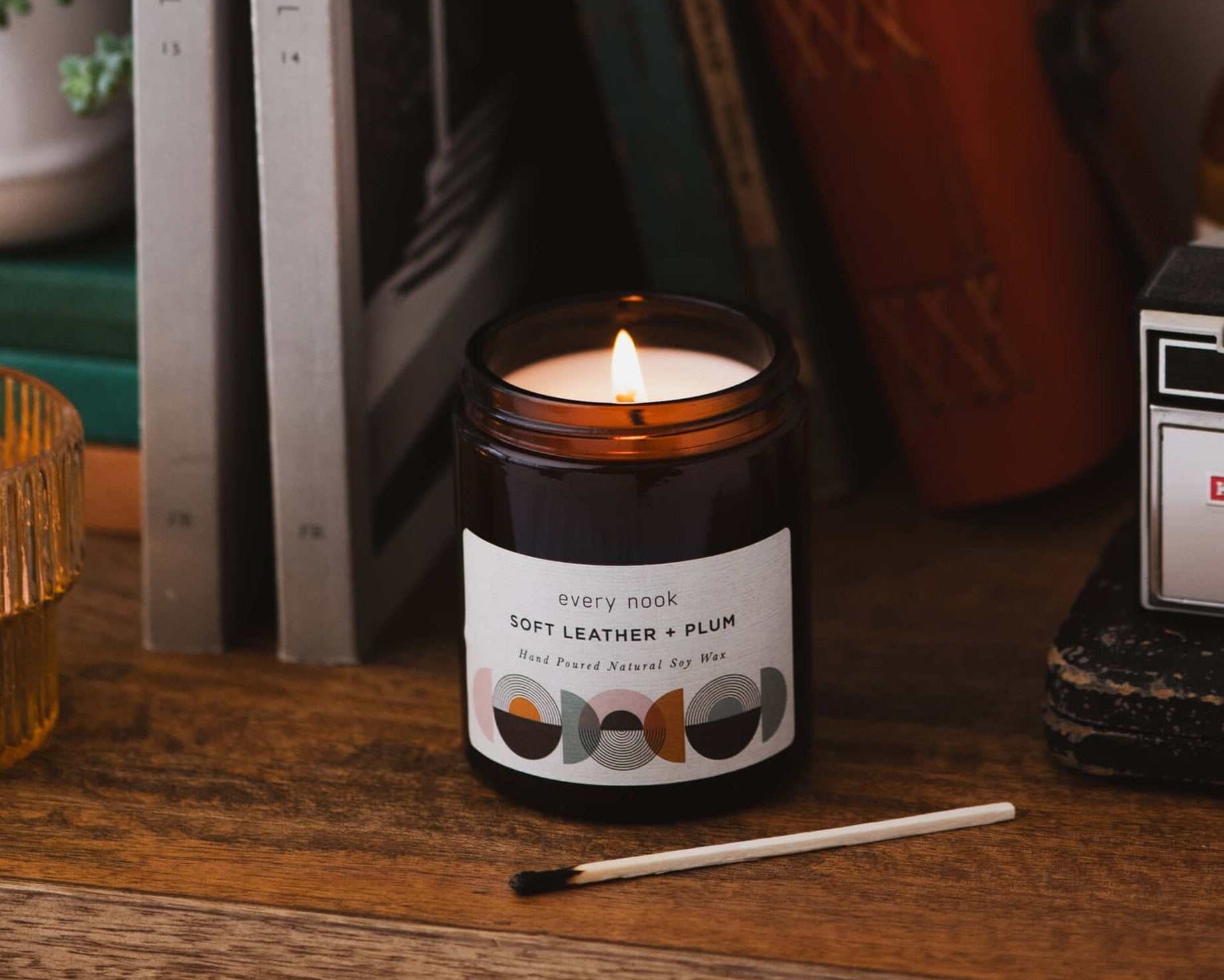 Leather scented candle - Soft Leather + Plum soy wax candle by every nook