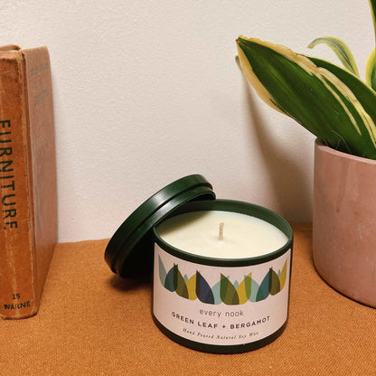 Green Leaf + Bergamot scented tin candle