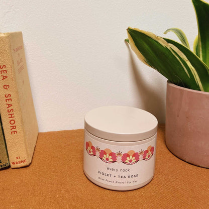 Violet + Tea Rose scented tin candle